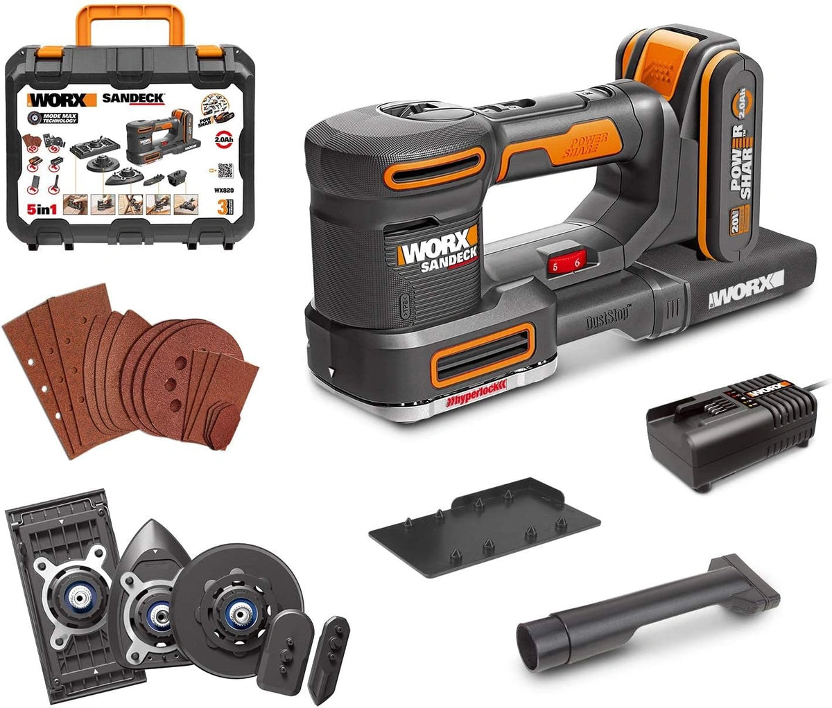 WORX - Lijadora 5-en-1, Sandeck 20 V, WX 820-1, Batería 2 Ah, 5 funciones con cambio facil, Hyperlock y Micro filtro DustStop, Diseño ergonómico