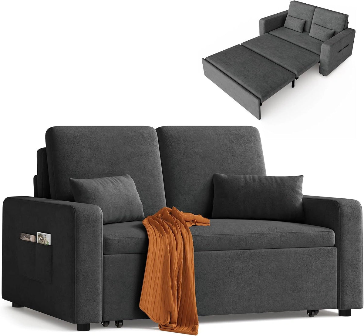 Xbro Sofa Cama 2 Plazas - Sillón Convertible 3 en 1 con Cama, 147 x 196 x 87cm, Gris Oscuro, Incluye Dos Cojines, Tapizado en Terciopelo