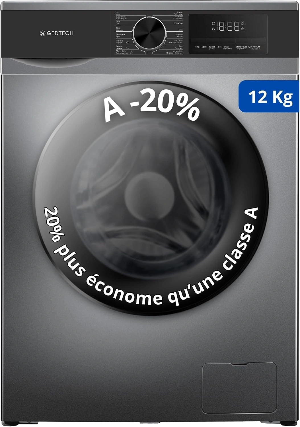 Lavadora frontal GEDTECH GLL121400DG - Eco, Intensivo, Rápido, Muy bajo conso, Clase A-20% (Dark gris, 16 programas, 1400 RPM, 12 Kg
