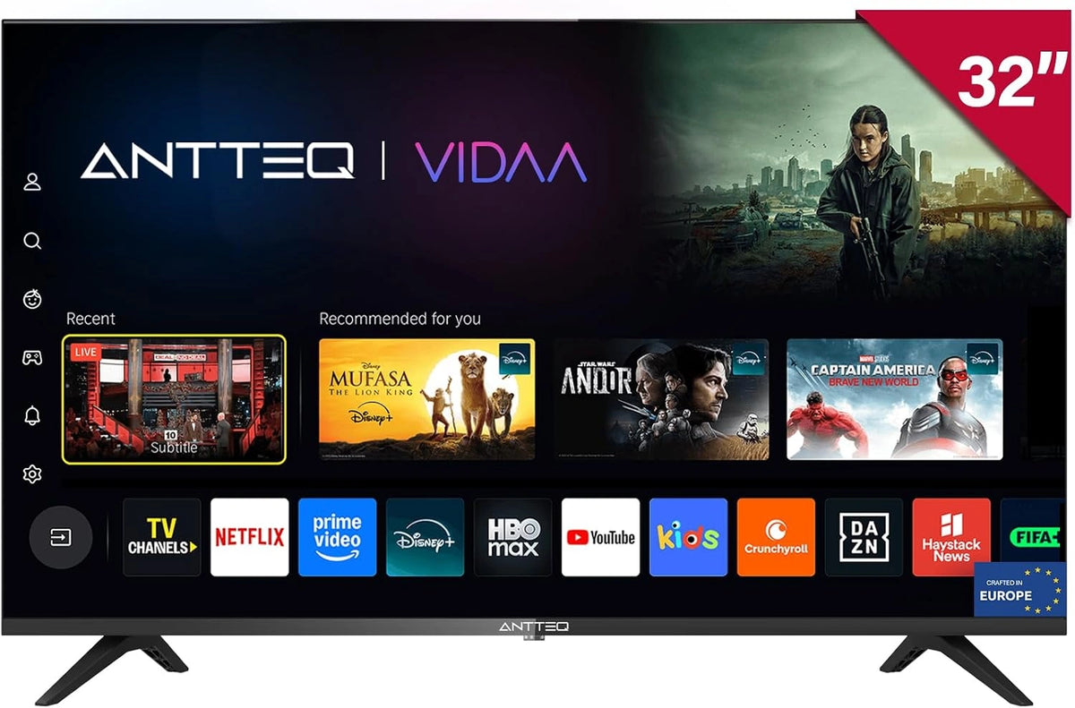 Antteq Vita inteligente TV 32 Pulgadas - (Televisores 81cm), WiFi, Triple-Tuner DVB-T/DVB-T2/DVB-C/S2, H.265/HEVC, Netflix/Youtube/Pluto TV