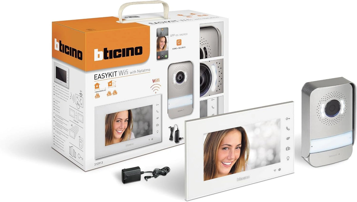 Bticino Easykit - 2 Cables con 1 botón Externo, monitor Interno de 7 Pulgadas a Color con Manos Libres, 310913, Ampliable para bifamiliar, cámara