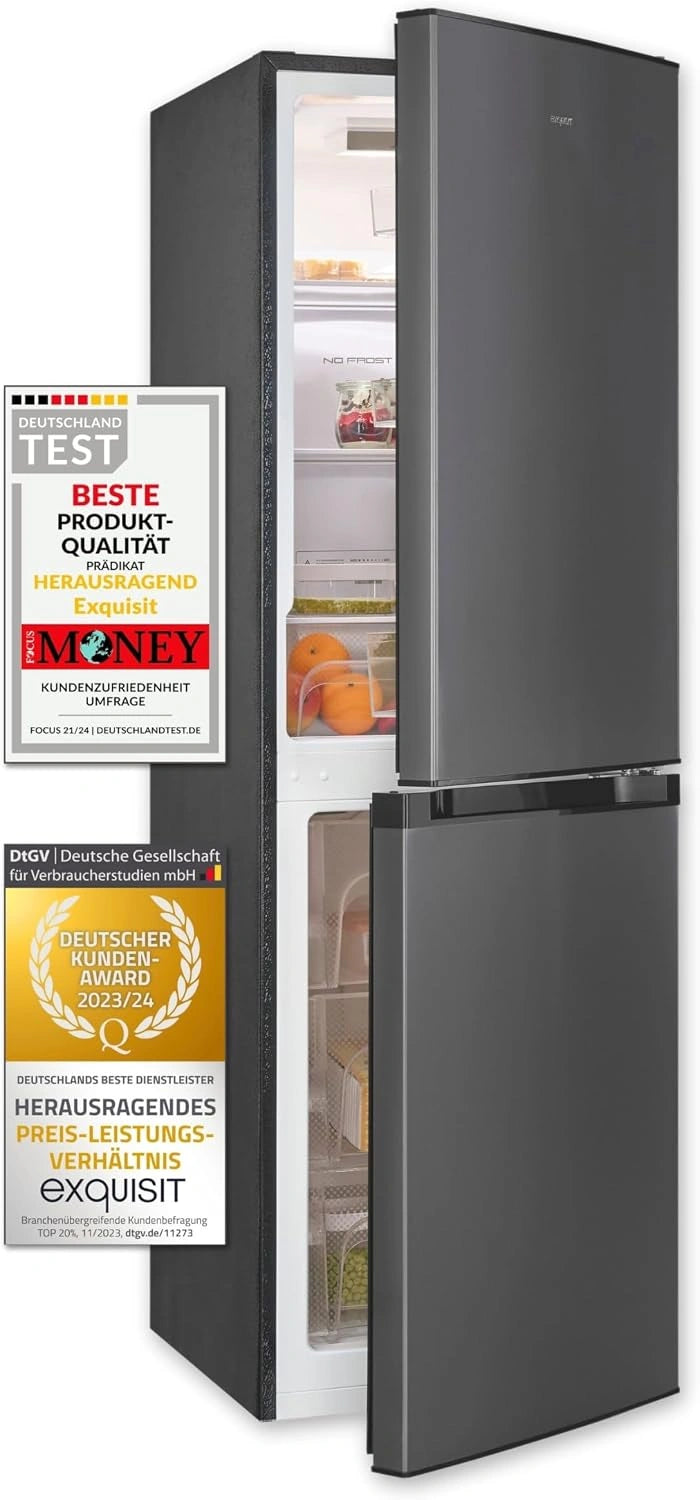 Exquisit Frigorífico Combi sin escarcha 193L Inoxlook Antracita Clase E, para conservar alimentos y bebidas