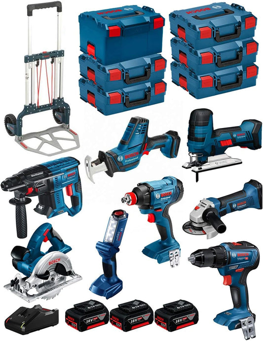 BOSCH conjunto 18V BK801 (GST 18 V-LI S + GKS 18 V-LI + GBH 18V-21 + GWS 18-125 V-LI + GSR 18V-55 + GSA 18 V-LI C + GDX, con funciones de uso diario