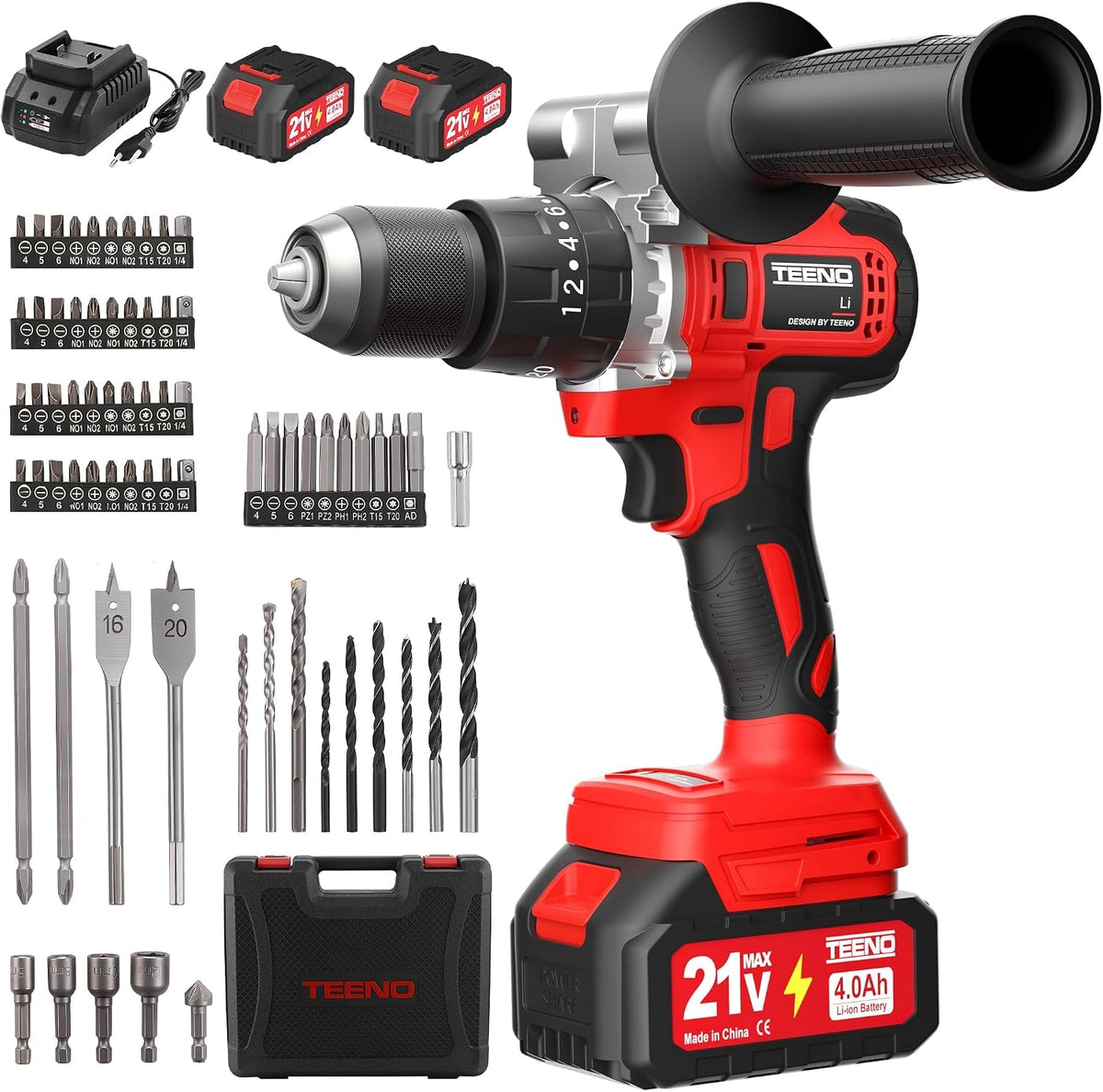 TEENO Taladro Atornillador Inalámbrico para Batería Makita de 21V 2 * 4 - LED, 76 Accesorios y Maletín, 2 Velocidades, 20+3 Configuraciones de Par