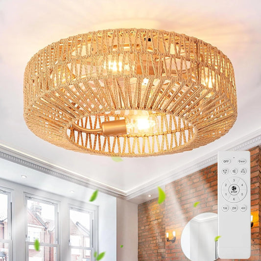 MiiR Ventilador De Techo Con Iluminación Y Mando A Distancia E27 Retro Cuerda De Cáñamo Luz Ventilador Silencioso 6 Vel, con funciones de uso diario