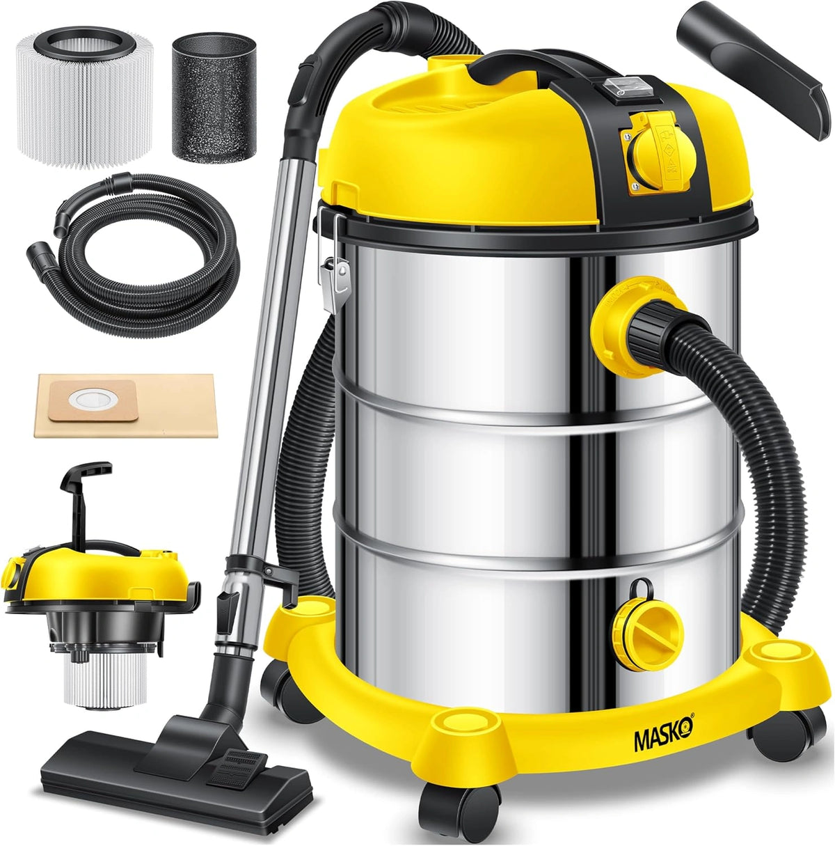 MASKO Aspiradora industrial en seco y húmedo - de acero inoxidable, con enchufe, función de soplado, Push&Clean, con y sin bolsa, sin bolsa, 2300 W
