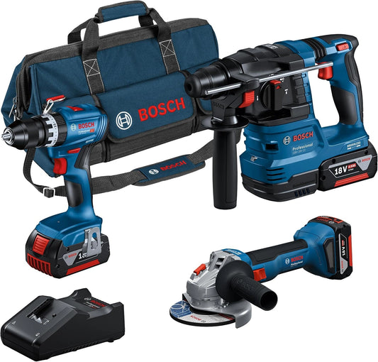 Bosch profesional 18V sistema Combo-conjunto - Maletín, Amazon Exclusive), GAL 18V-40, 0 Ah, GSB 18V-45 + GBH 18V-22 + GWS 18V-8 (incl. 3 GBA 4