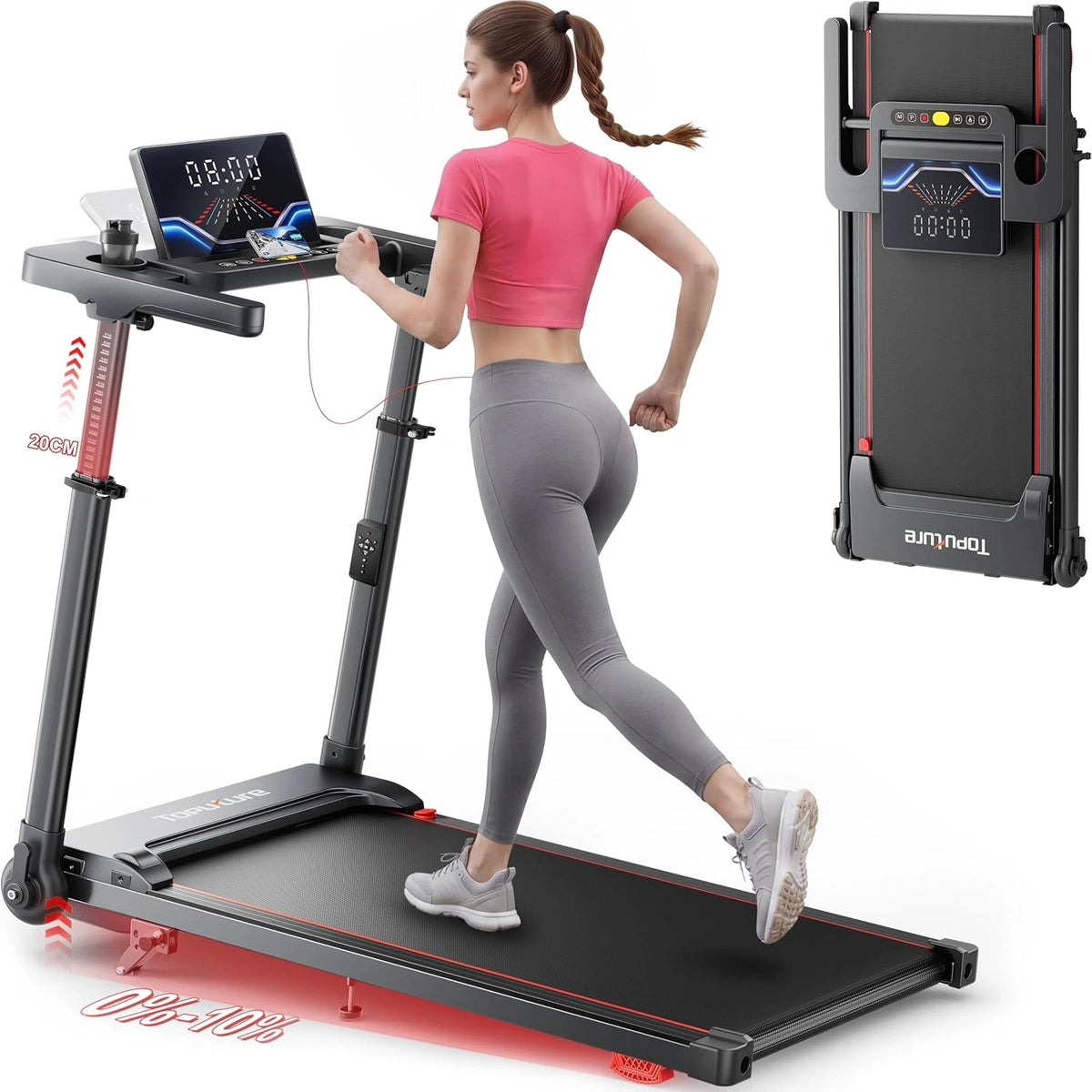 6 EN 1 Cinta de Correr Plegable 0-5-10% Inclinación - 12 KM/H Cinta de Andar 108 CM Pasamanos Telescópicos, 95°&105° Pantalla LED Ajustables, App