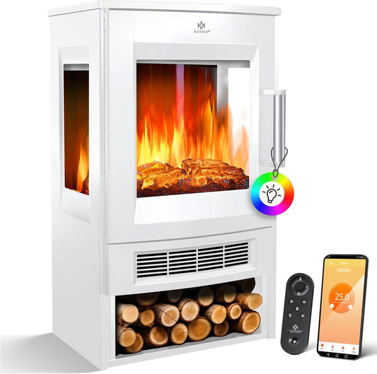 KESSER Chimenea eléctrica con calefacción - ventilador de 9 LED, aplicación WiFi, 900/1800 W, chimenea eléctrica con termostato, mando a distancia