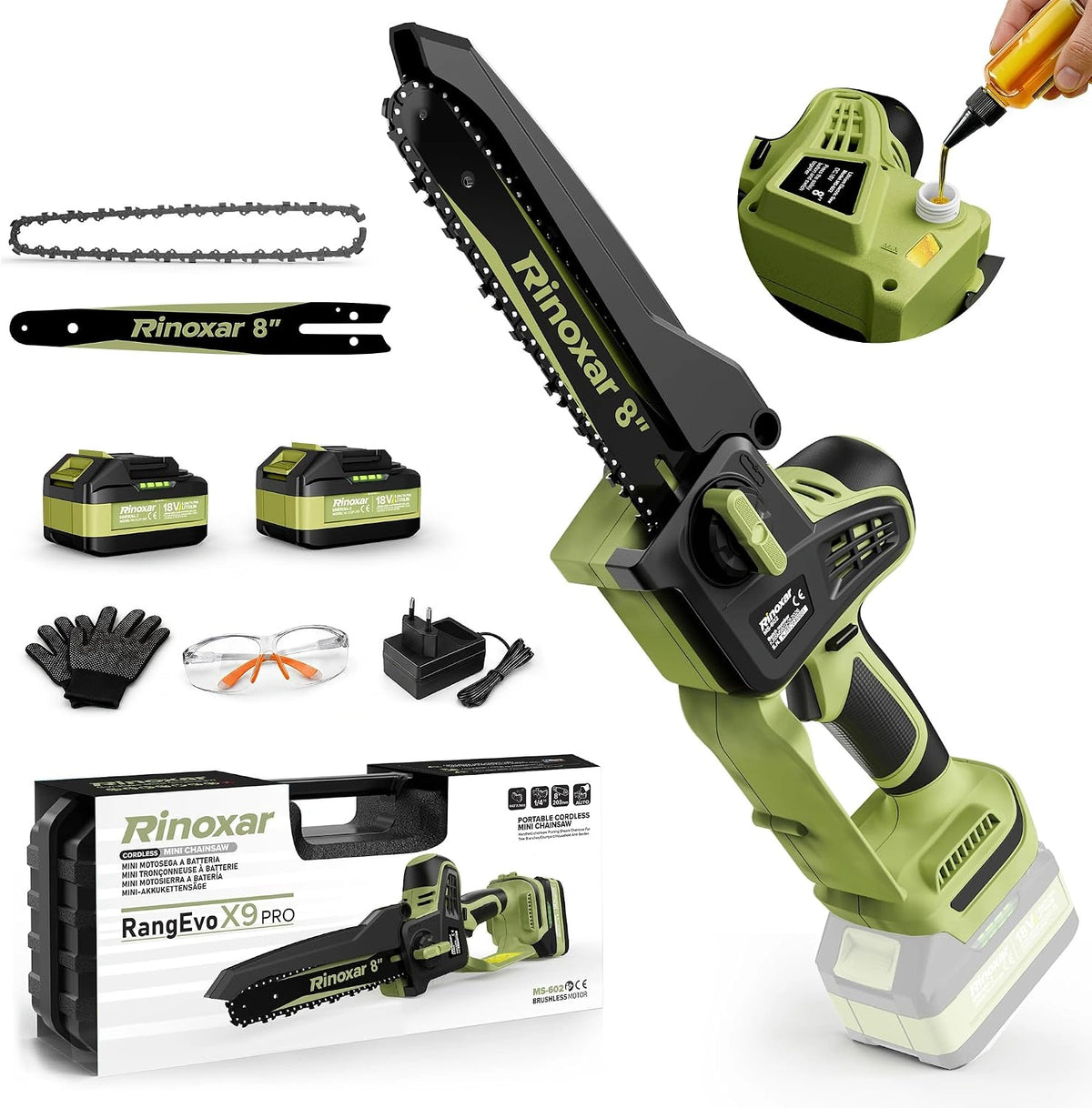 8 Pulgadas Mini Motosierra a Batería - Motor Brushless, 2 Baterías 5200mAh