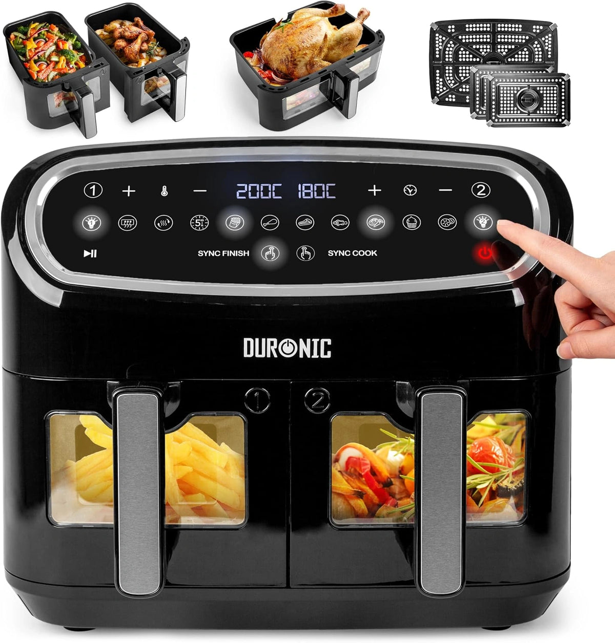 Duronic AF34 BK Freidora de Aire sin Aceite 2400 W - 2 Cestas 5L + 1 de 10L